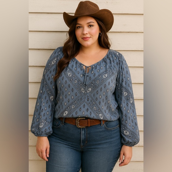 Como Vintage Chambray Paisley Peasant Top 3X – Western Boho Bandana Cowgirl Chic - Picture 1 of 5